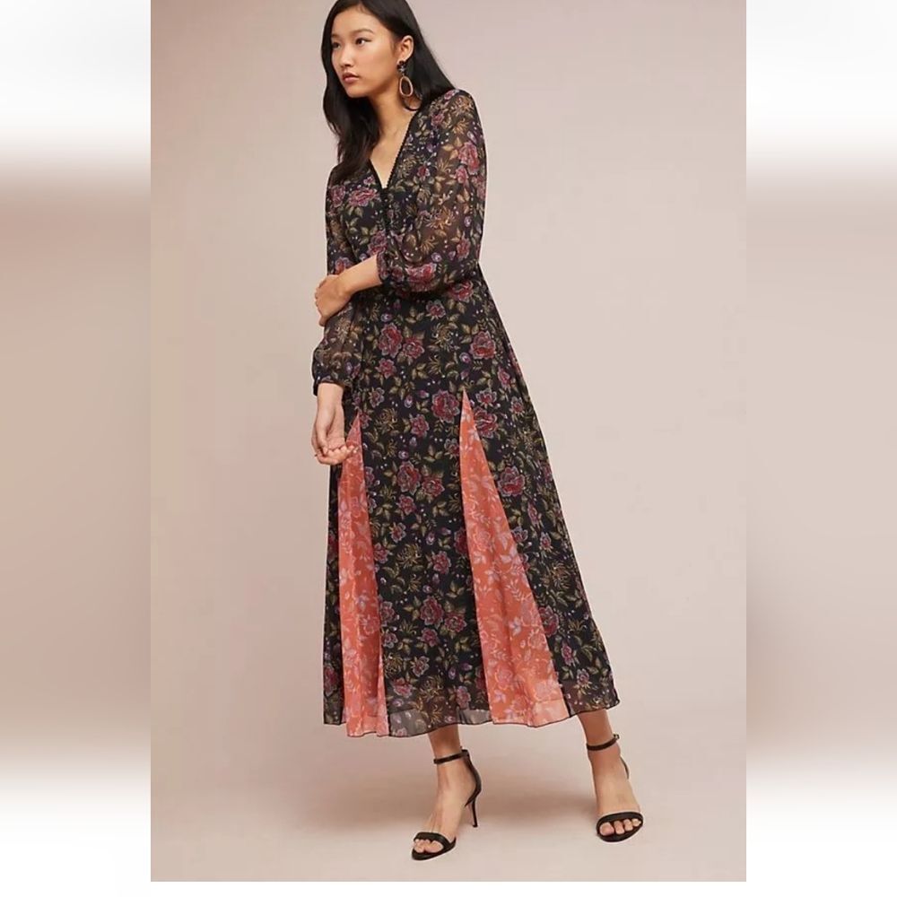 Anthropologie LAIA Ines Maxi Dress Black Floral Pleated Flare Sheath Small - Picture 3 of 9
